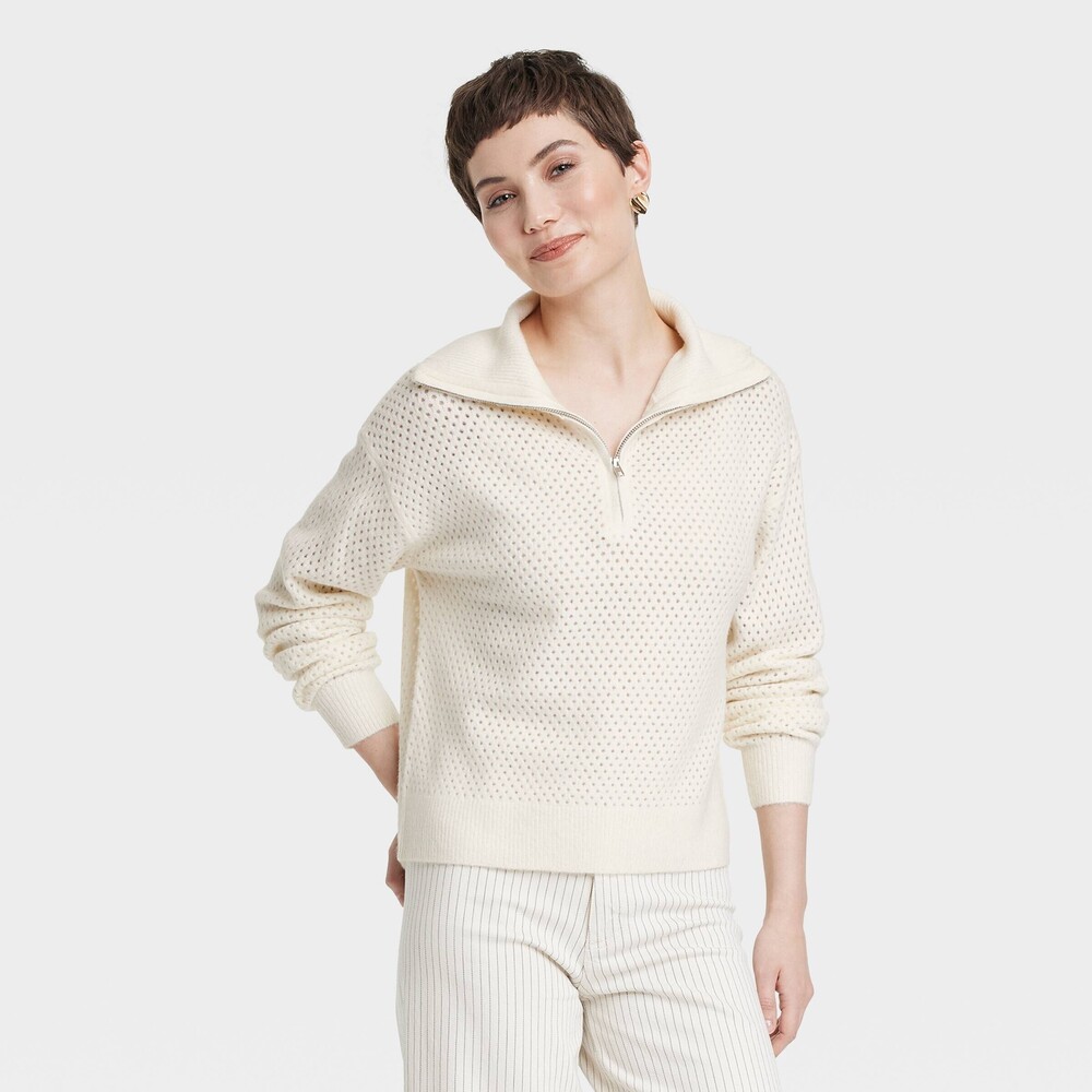 Universal Threads Women’s  Quarter Zip Collared Pullover Sweater - Cream L